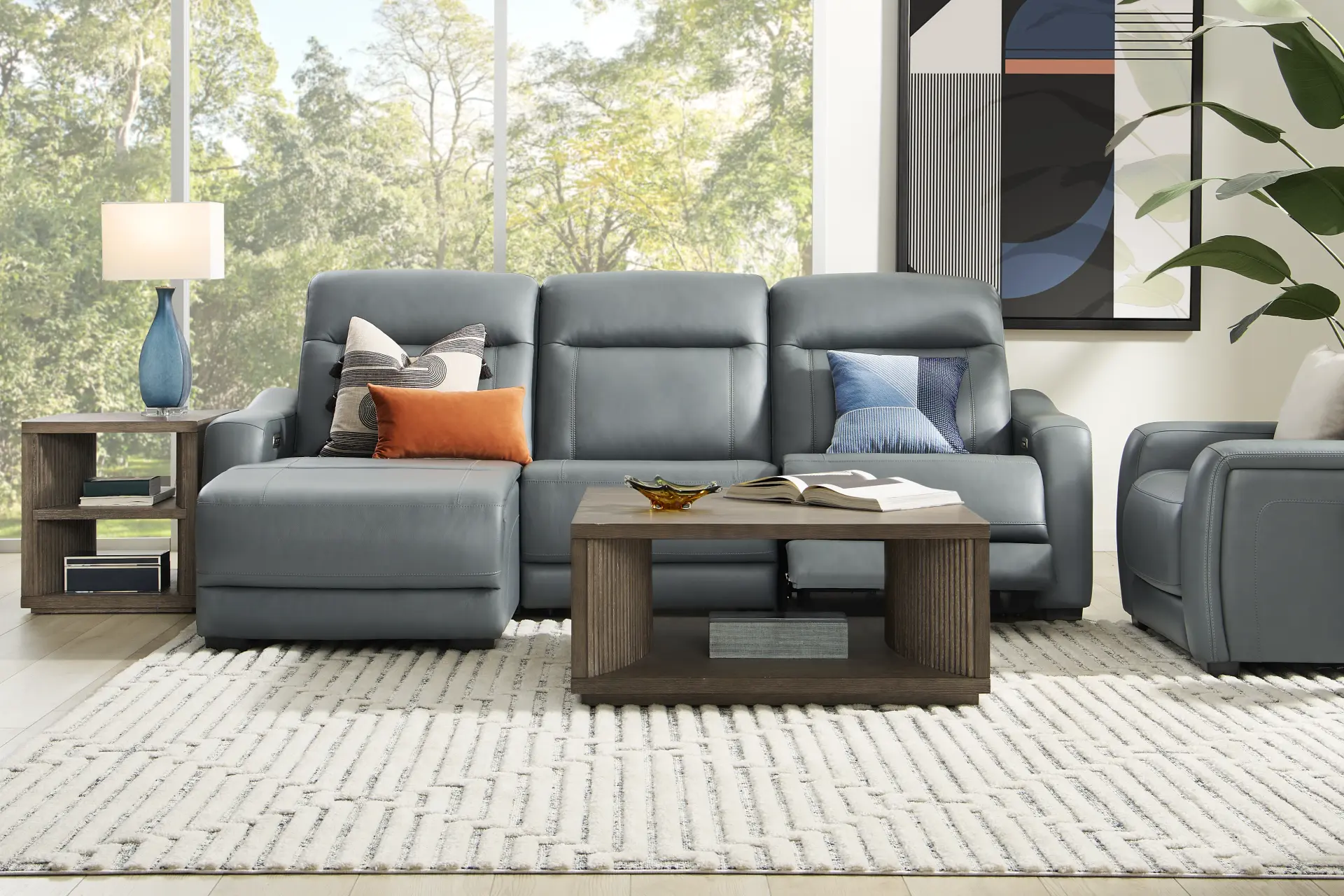 Newport Blue Leather 3 Pc Dual Power Reclining Sectional