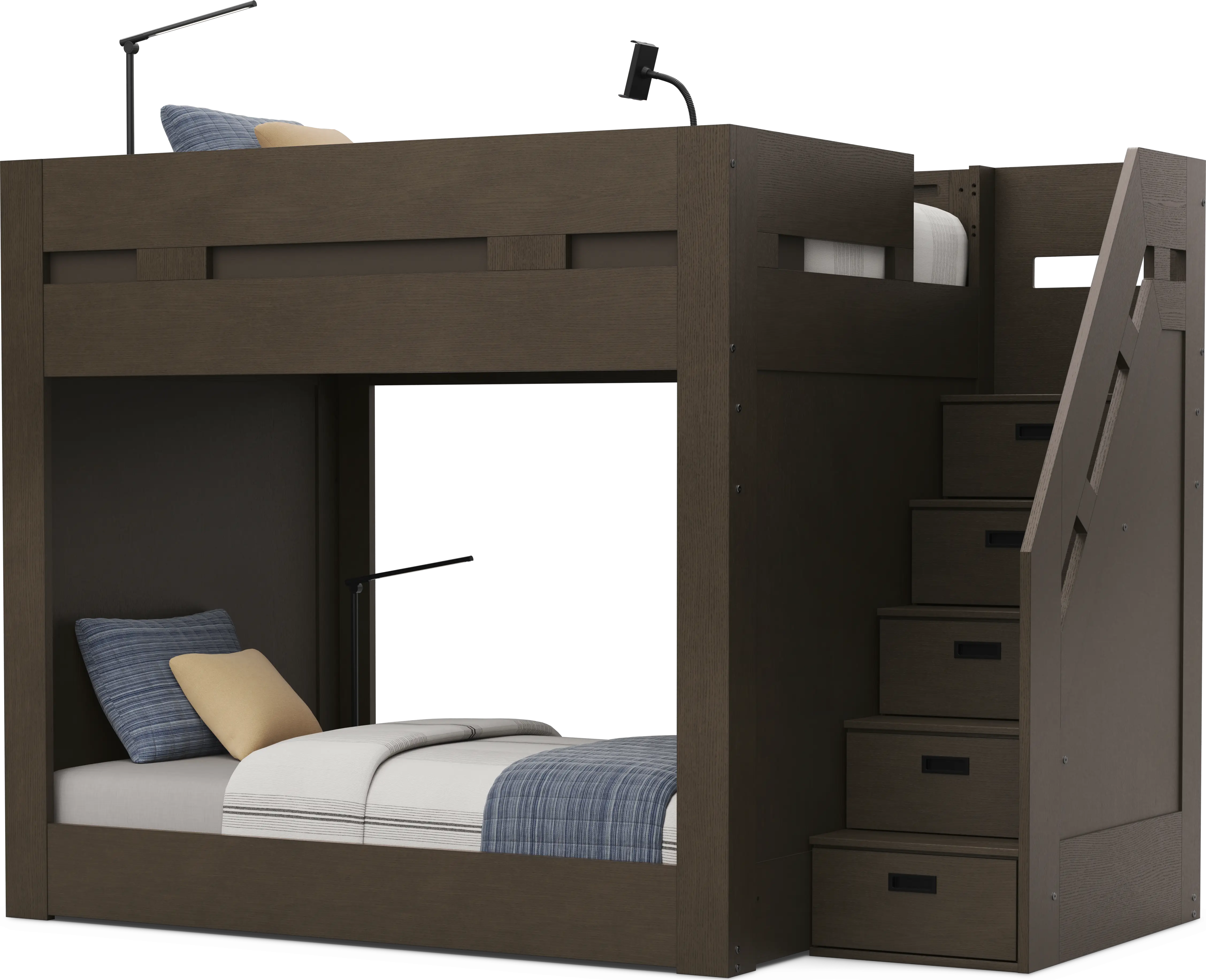 Kids Sierra Summit Brown Oak Twin/Twin Step Bunk Bed with 2 Tech Consoles and 2 Closed End Panels - Image 2