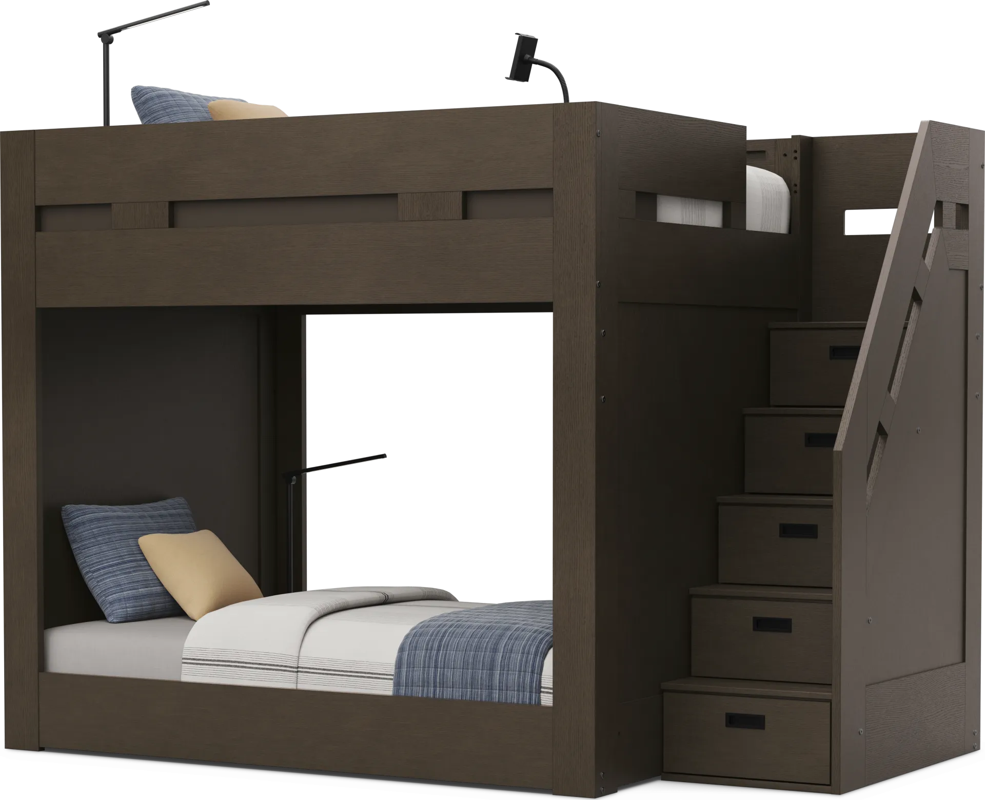 Kids Sierra Summit Brown Oak Twin/Twin Step Bunk Bed with 2 Tech Consoles and 2 Closed End Panels - Image 2