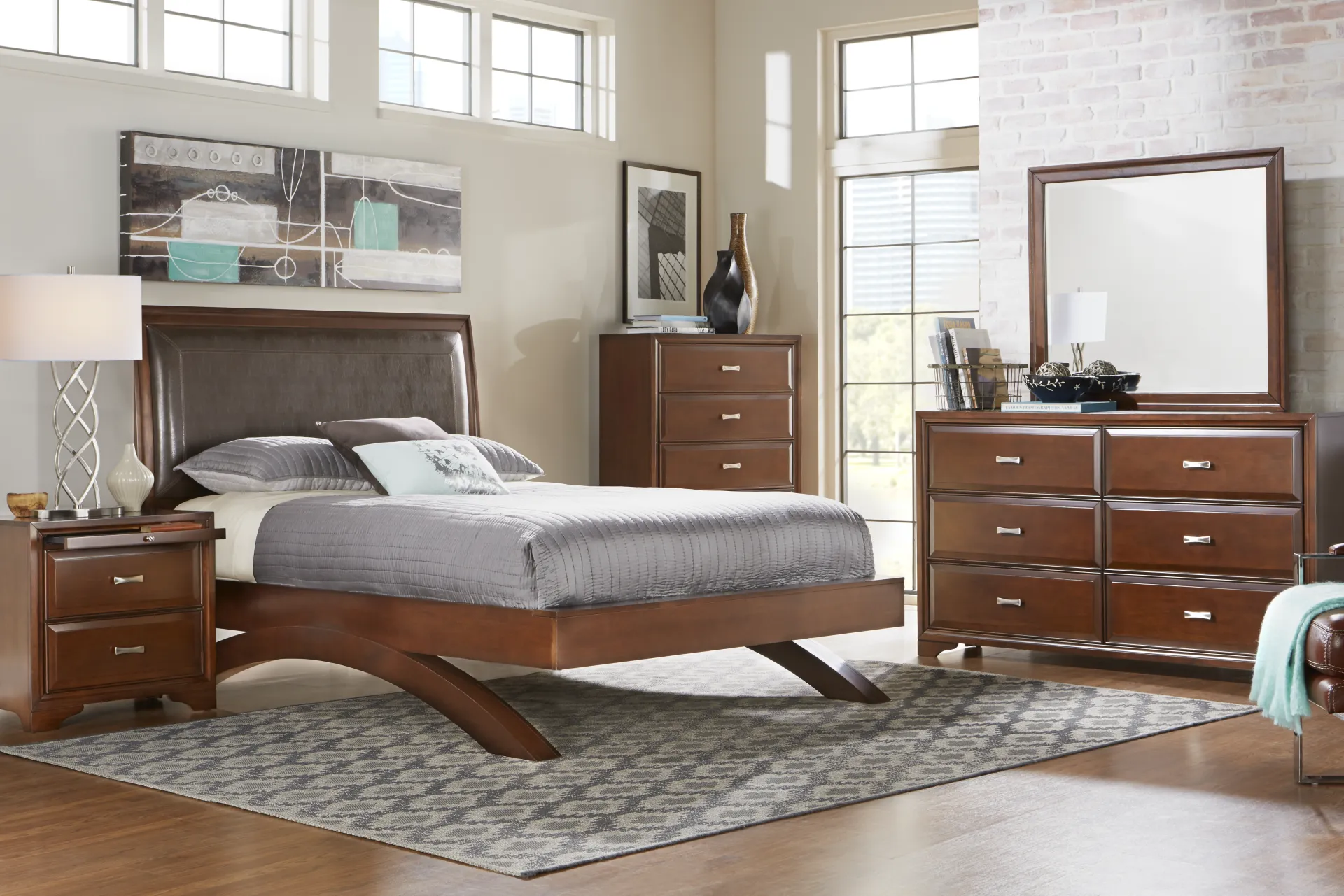 Belcourt Brown Cherry Finish 3 Pc Queen Upholstered Sleigh Arch Bed - Image 1