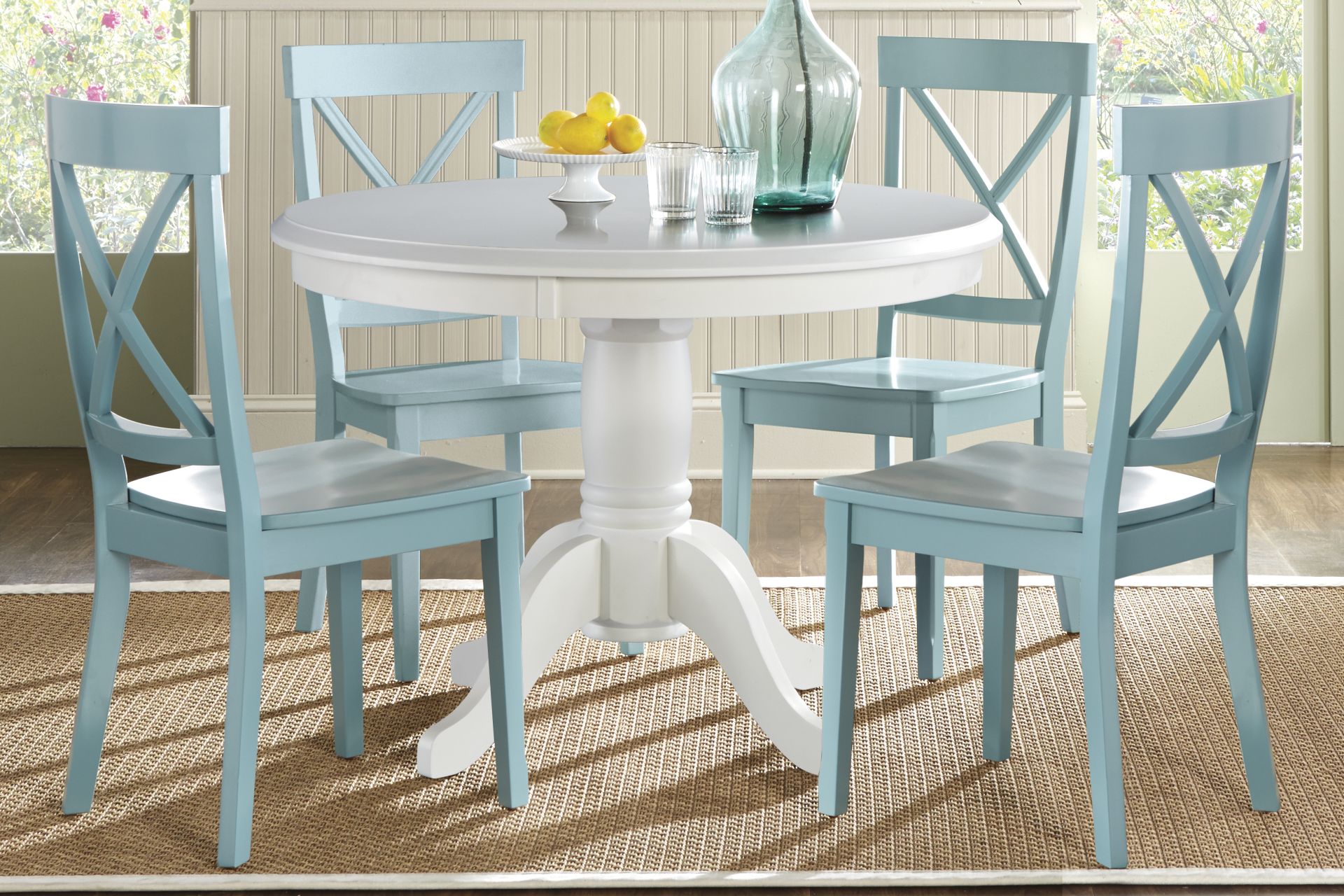 Brynwood White 5 Pc Round Dining Set with Blue Chairs - Image 1