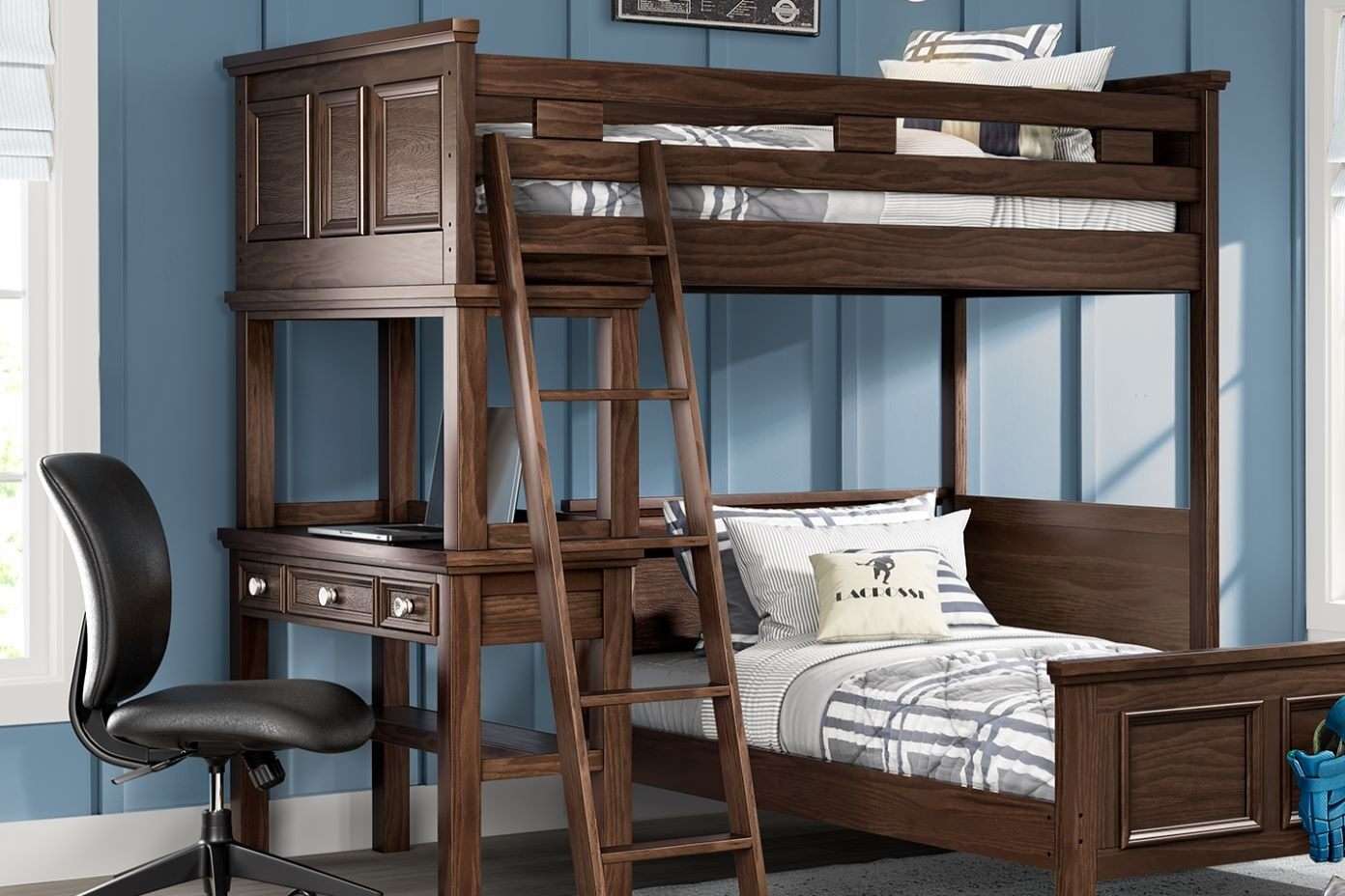 Dark brown bunk bed with a desk and ladder.
