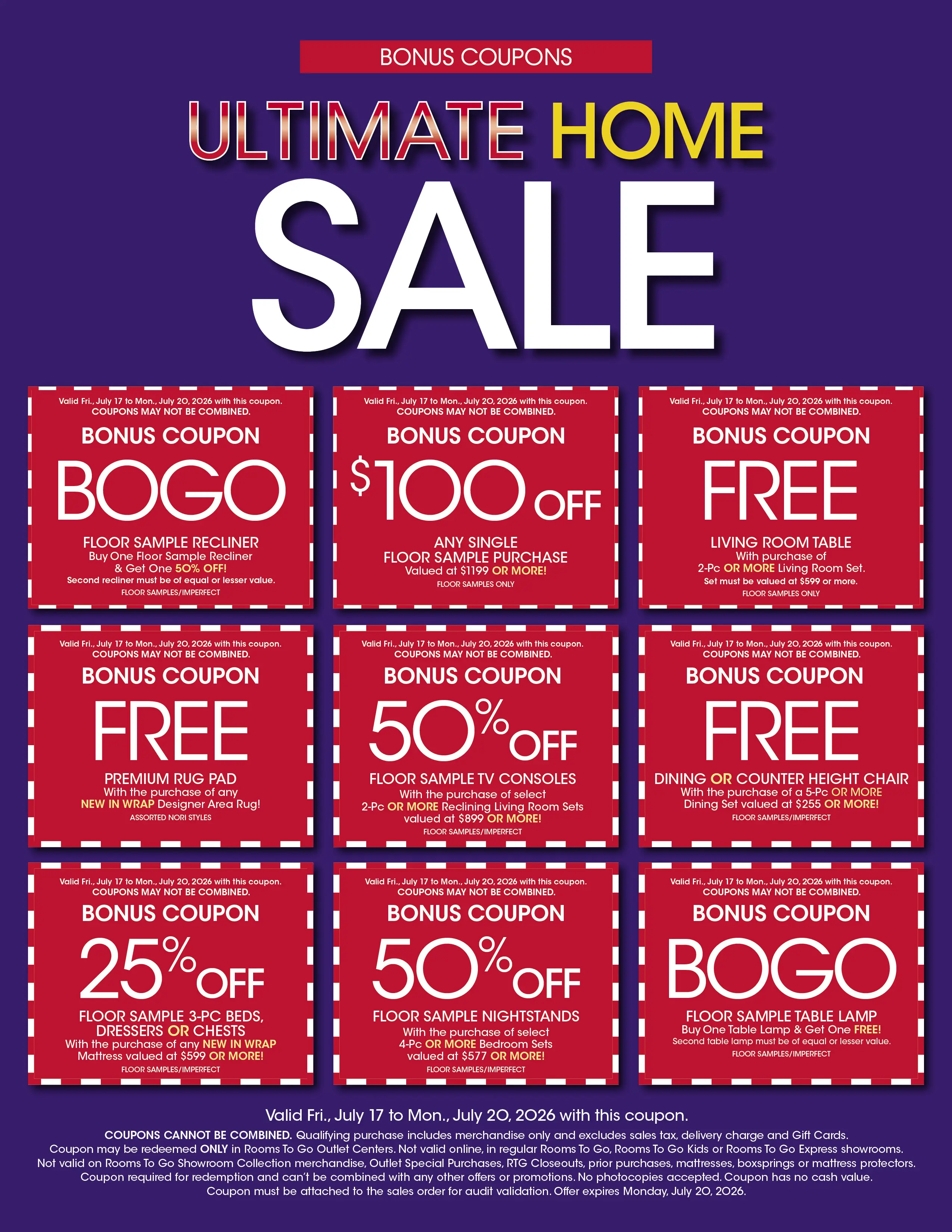 Ultimate Home Sale flyer featuring nine bonus coupons for furniture discounts, valid July 17–20, 2026.