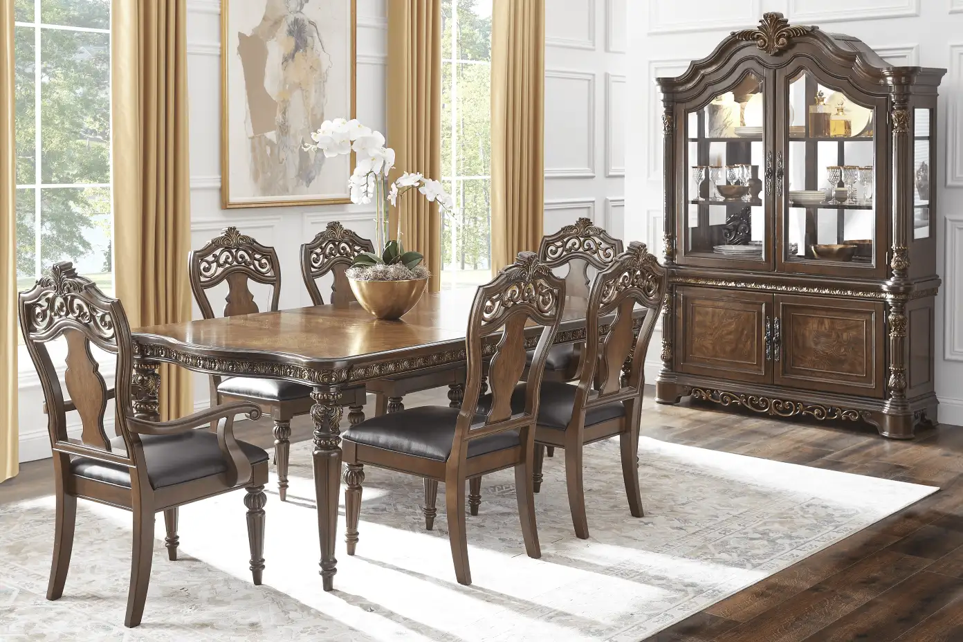 Dining room set with a table, chairs, and a cabinet.
