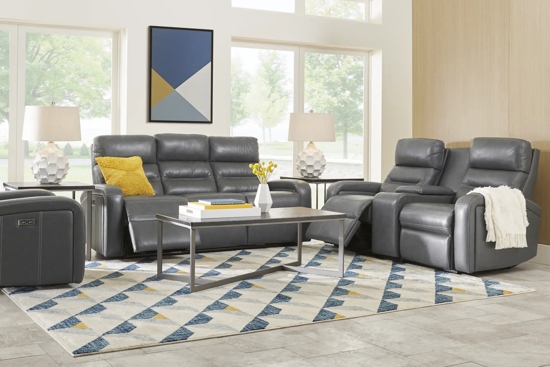 Sierra Madre Gray Leather 7 Pc Dual Power Reclining Living Room with Reclining Sofa