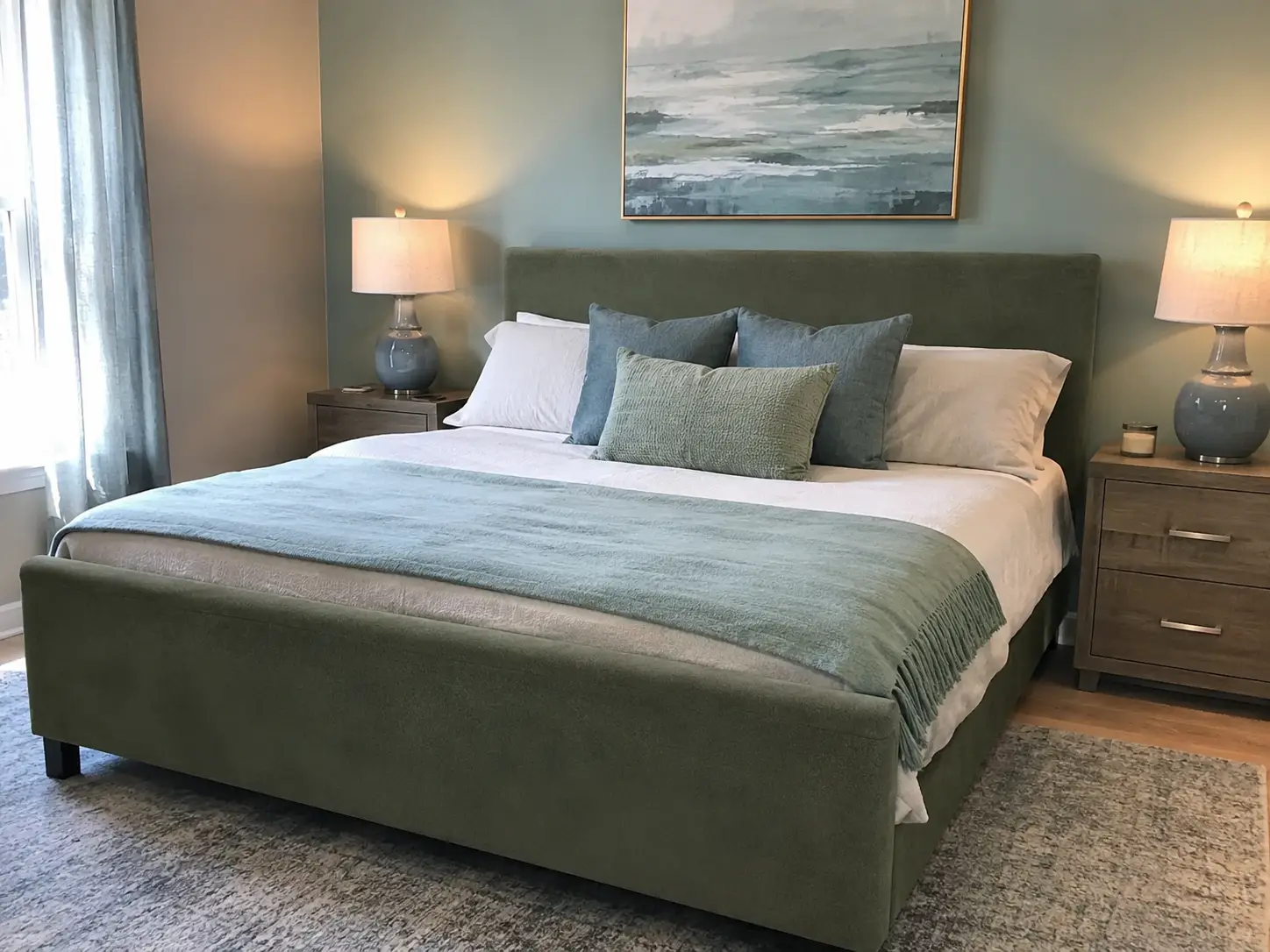 A modern bedroom featuring a green upholstered bed, matching nightstands with blue lamps, and a coastal-themed wall painting.