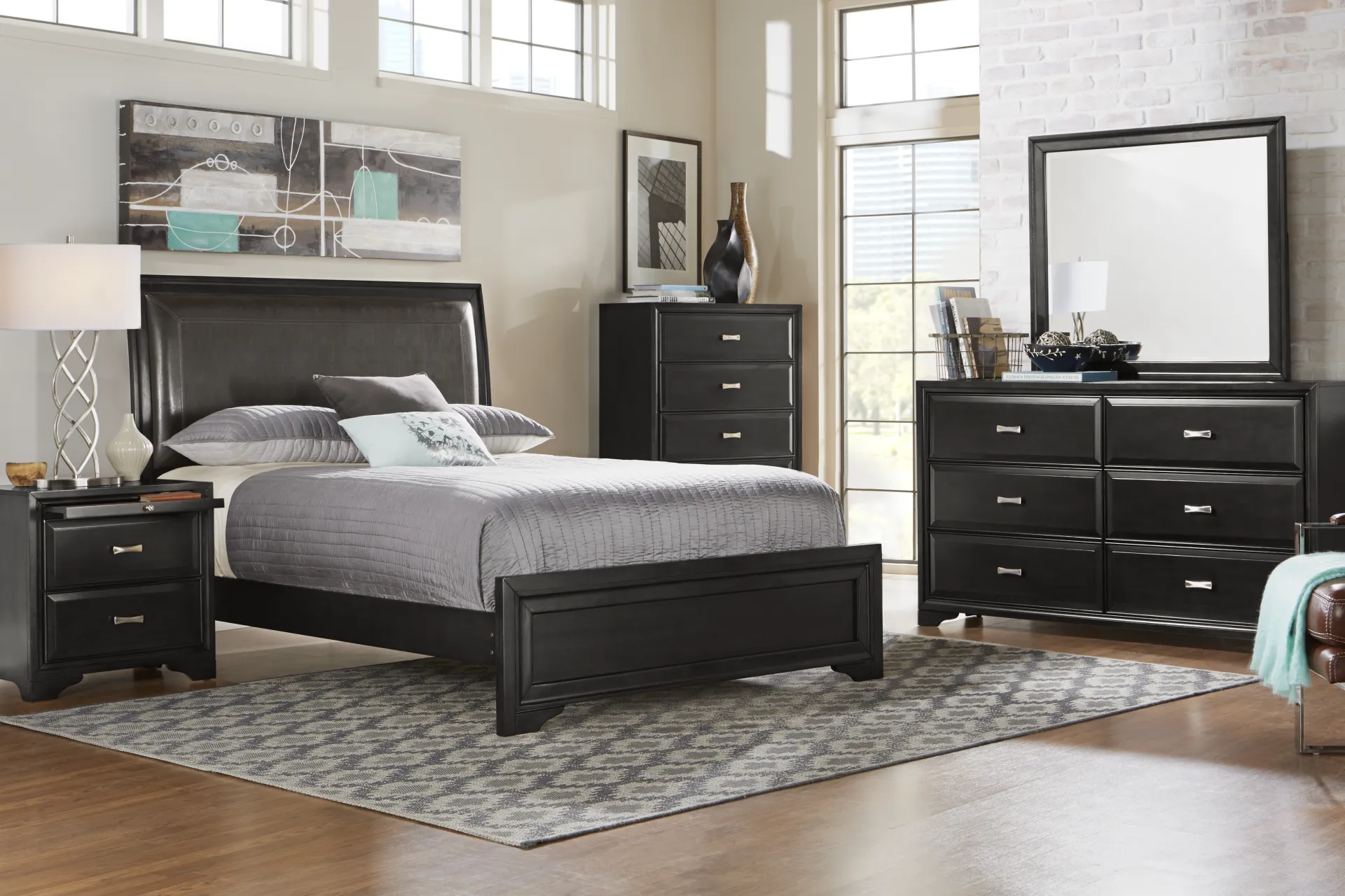 Belcourt Black 3 Pc Queen Upholstered Sleigh Bed - Image 1