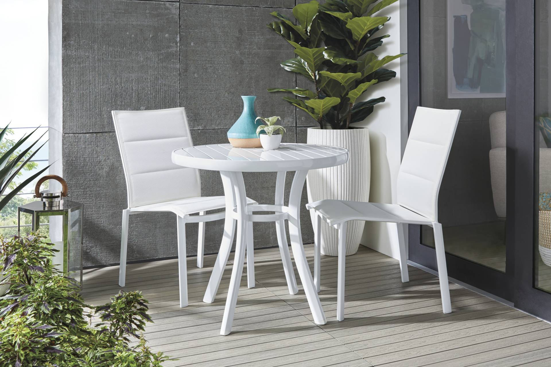 Solana White 3 Pc Outdoor Dining Set with Arm Chairs full room