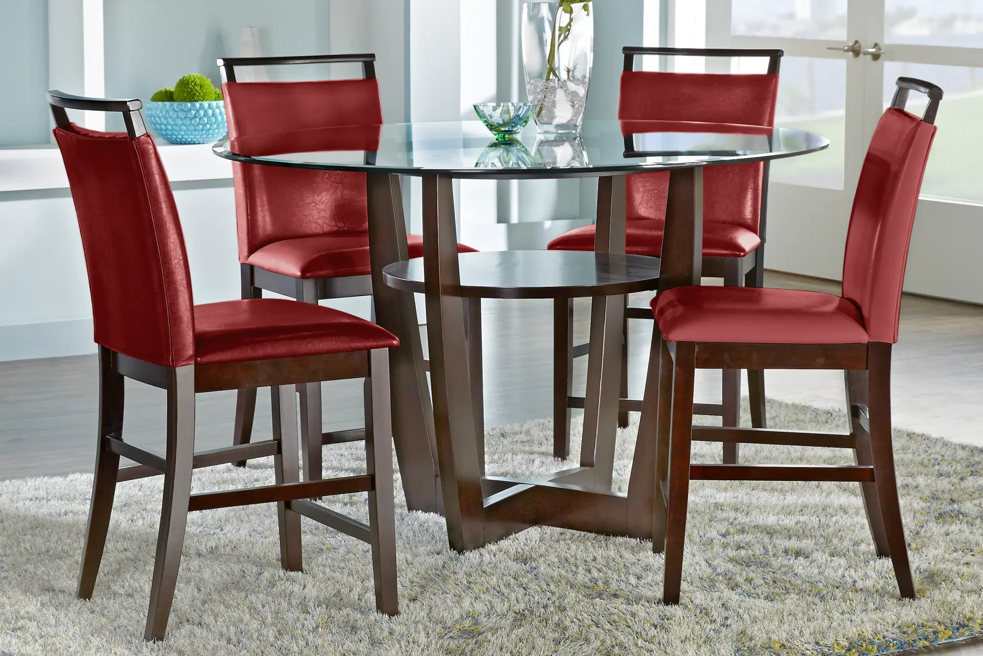 Ciara Espresso 5 Pc 48" Round Counter Height Dining Set with Red Stools