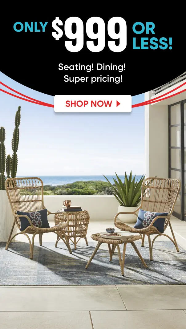 Only $999 or less! Seating! Dining! Super pricing! Shop now. Outdoor patio furniture set with two wicker chairs and tables.
