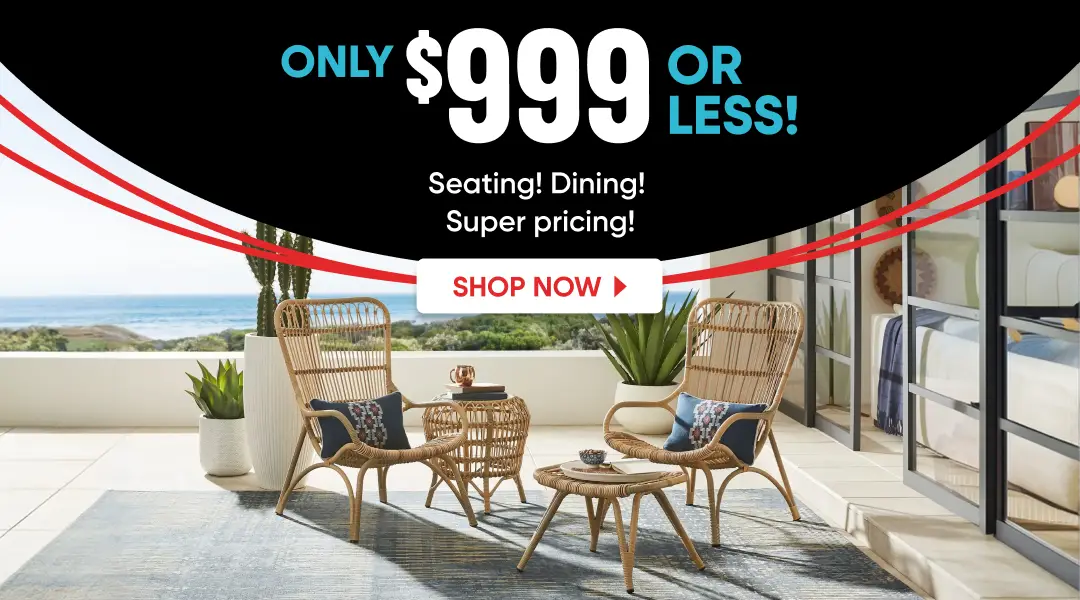 Only $999 or less! Seating! Dining! Super pricing! Shop now. Outdoor patio furniture set with two wicker chairs and tables.