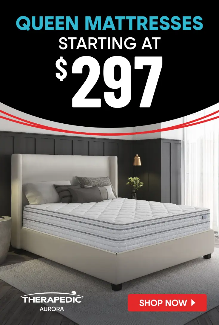 Queen mattresses starting at $297, featuring a Therapedic Aurora mattress on a bed frame. Shop now button included.