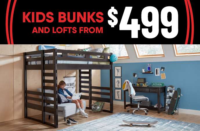 KIDS BUNKS AND LOFTS FROM $499. A child sits on a sofa under a bunk bed.