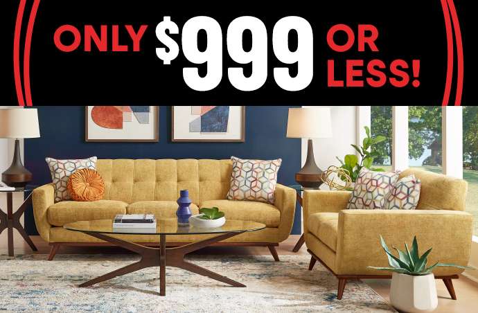 ONLY $999 OR LESS! A living room set with a yellow sofa and chair.

