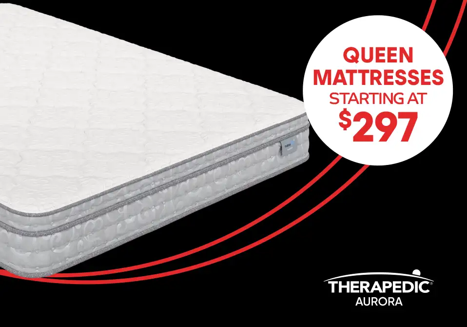 QUEEN MATTRESSES STARTING AT $297. A white mattress with a gray border on a black background.
