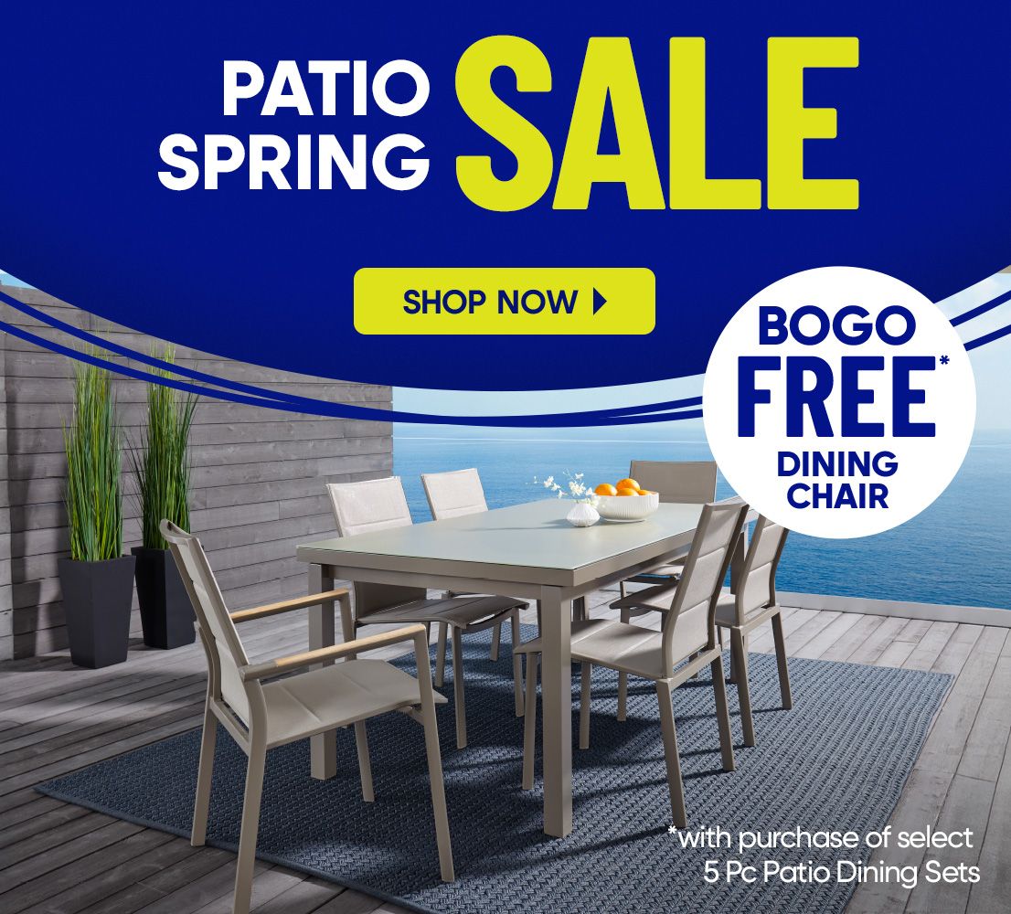 Patio Spring Sale: Buy One Get One Free Dining Chair with purchase of select 5 Pc Patio Dining Sets.
