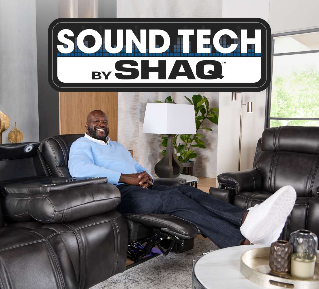 SOUND TECH BY SHAQ. Shaquille O'Neal sitting in a recliner.
