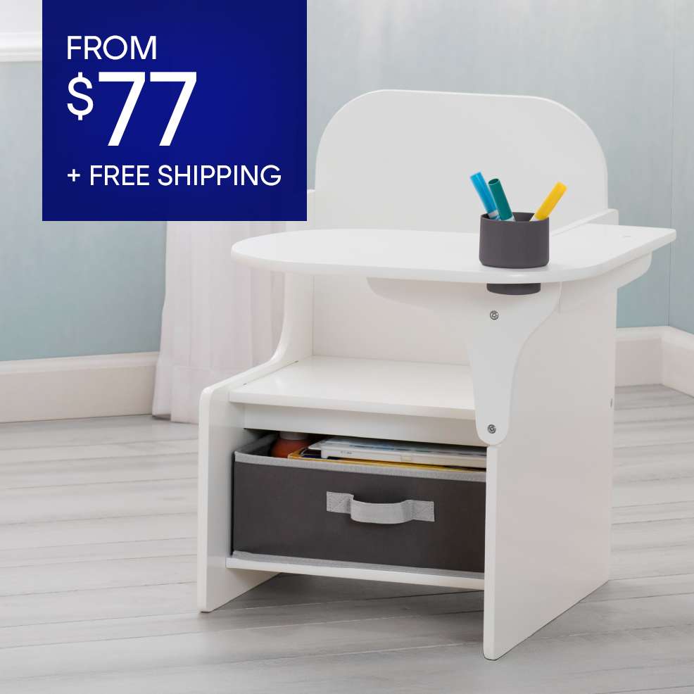 FROM $77 + FREE SHIPPING. White children's desk with storage bin and pen holder.

