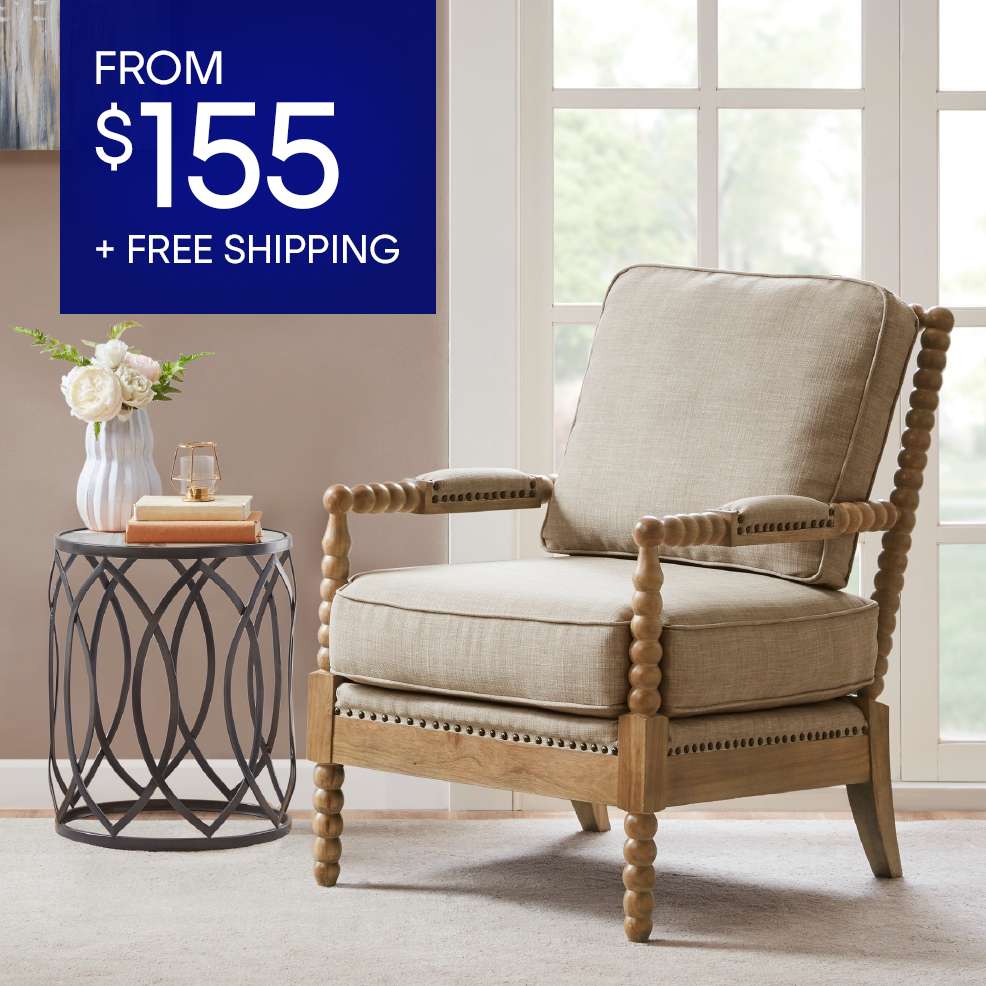 FROM $155 + FREE SHIPPING. A beige armchair with wooden accents.
