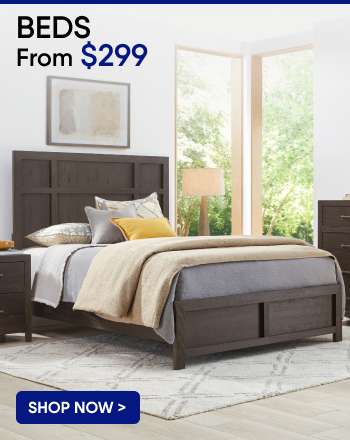 BEDS From $299. A bed frame with a headboard, pillows, and a blanket.
