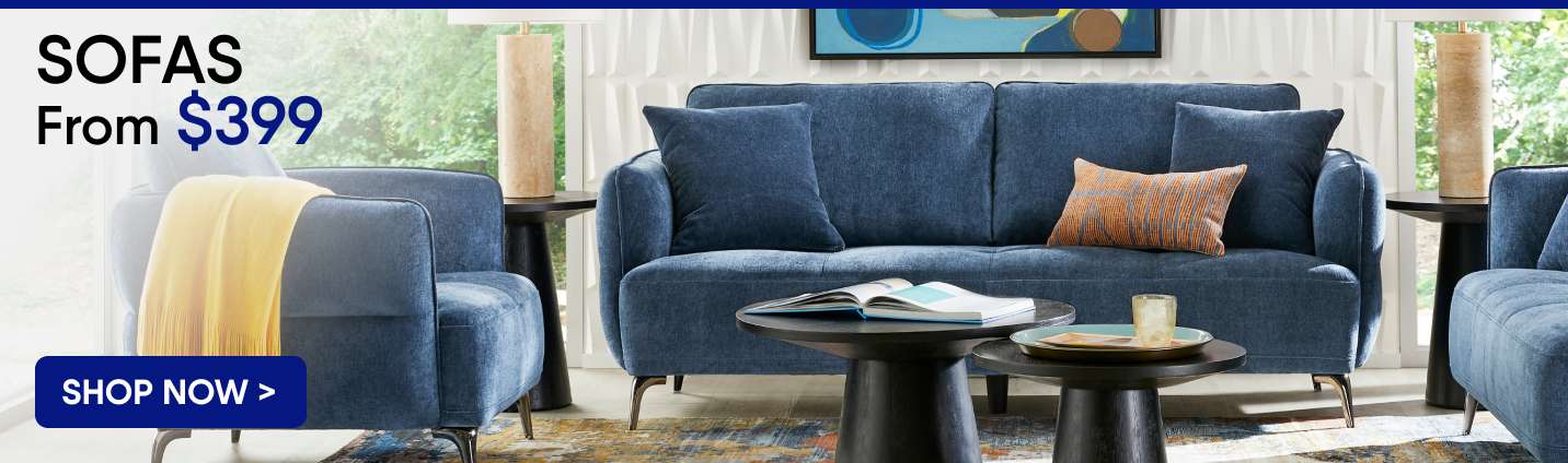SOFAS From $399. Blue sofas and chairs.
