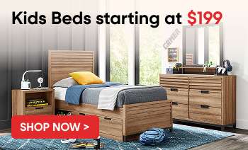 Kids Beds starting at $199. Bedroom furniture set with a bed, dresser, and mirror.

