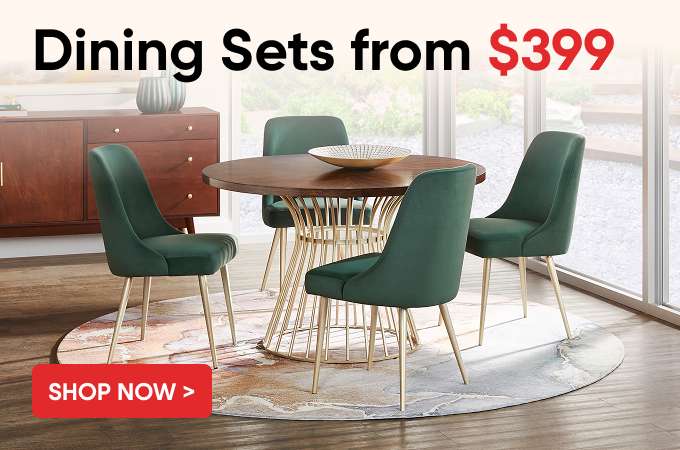 Dining Sets from $399. Shop Now. A dining set with a round wooden table and green chairs.
