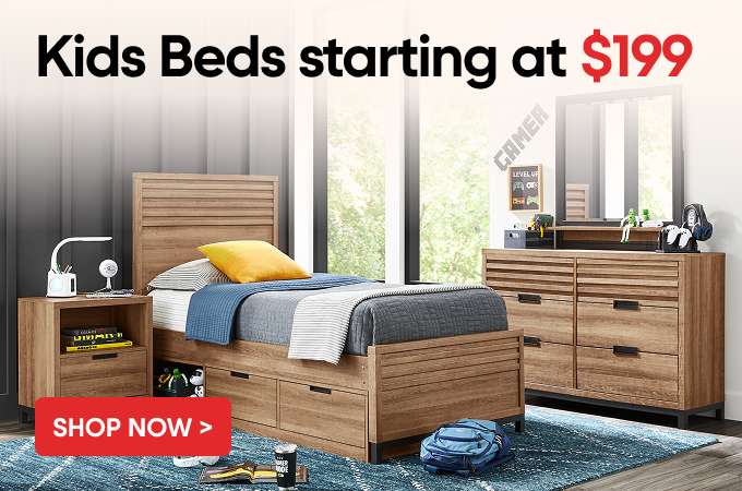 Kids Beds starting at $199. Bedroom furniture set with a bed, nightstand, and dresser.
