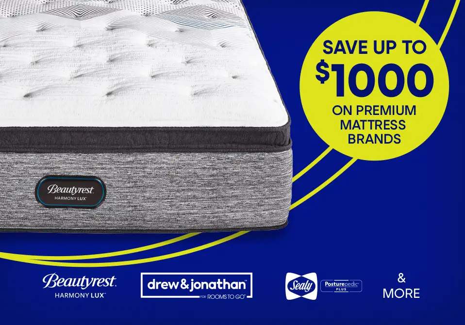 Save up to $1000 on premium mattress brands. The image shows a Beautyrest Harmony Lux mattress.
