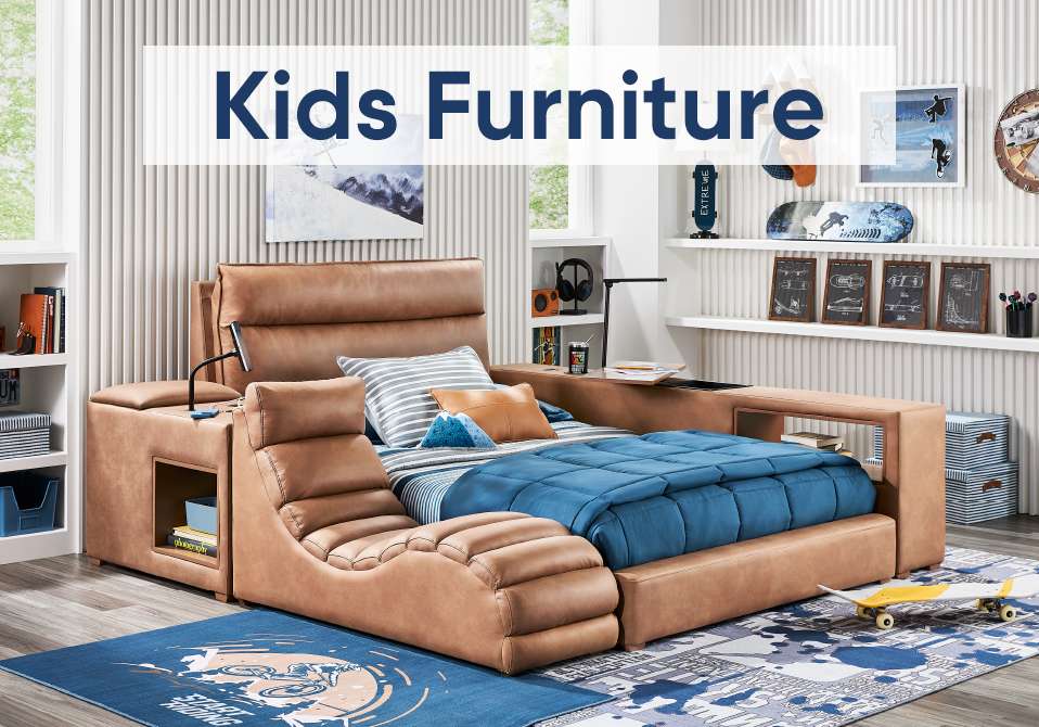 Kids Furniture. A brown leather bed with a built-in recliner, storage, and a desk.
