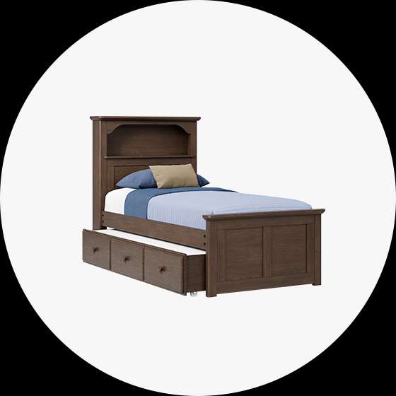Brown twin bed with headboard, storage, and trundle.
