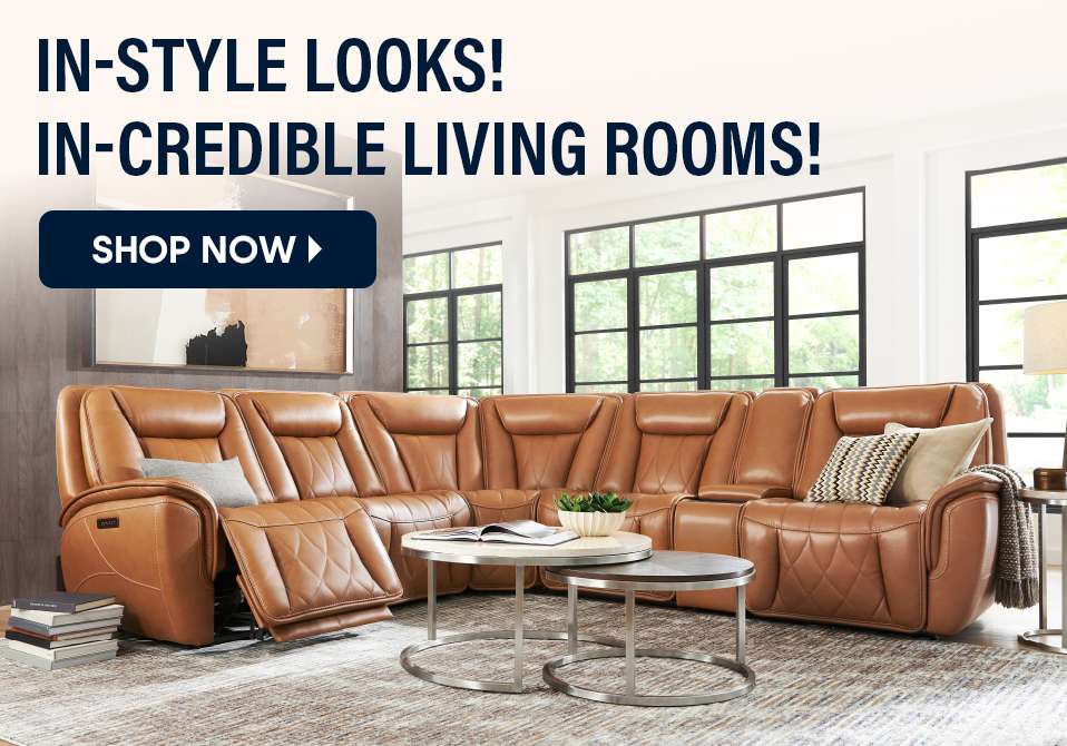 IN-STYLE LOOKS! IN-CREDIBLE LIVING ROOMS! Shop Now. A large brown leather sectional sofa in a living room.
