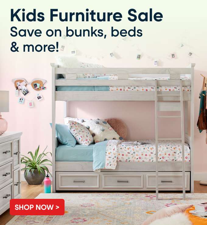 Kids Furniture Sale. Save on bunks, beds & more! A bunk bed in a child's room.
