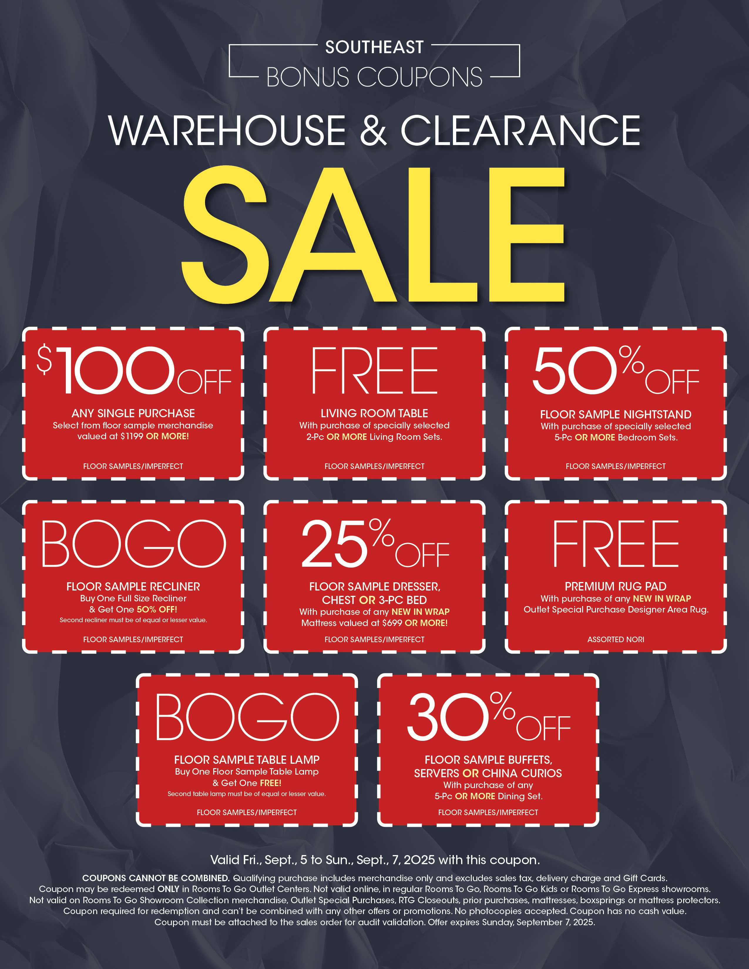 Southeast Bonus Coupons Warehouse & Clearance Sale. Offers include discounts and free items on furniture.
