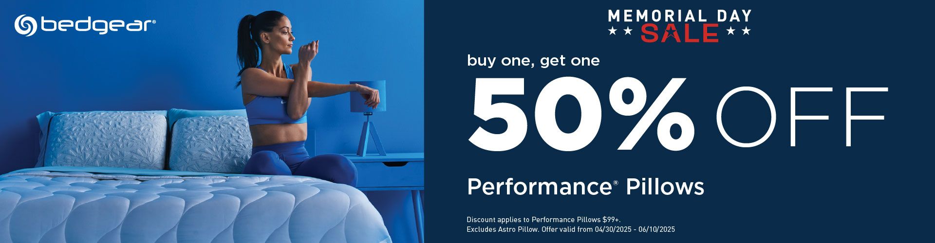 bedgear Memorial Day sale: buy one, get one 50% off Performance Pillows.
