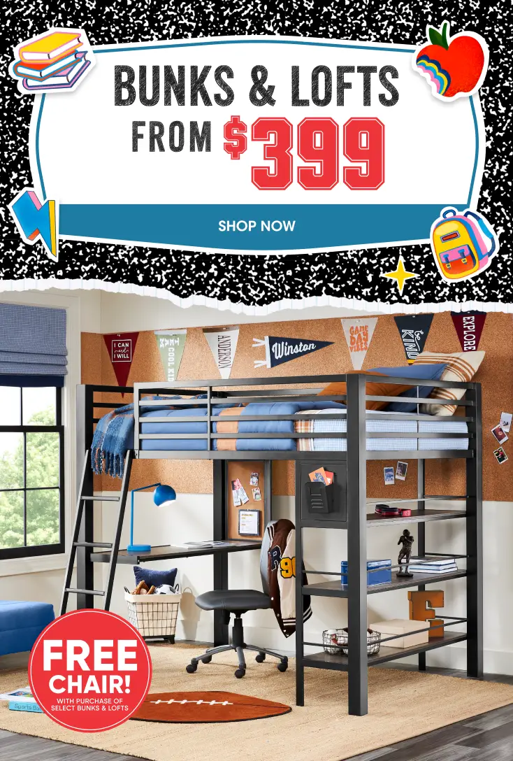 BUNKS & LOFTS FROM $399. FREE CHAIR! WITH PURCHASE OF SELECT BUNKS & LOFTS. A black metal loft bed with a desk and shelves.