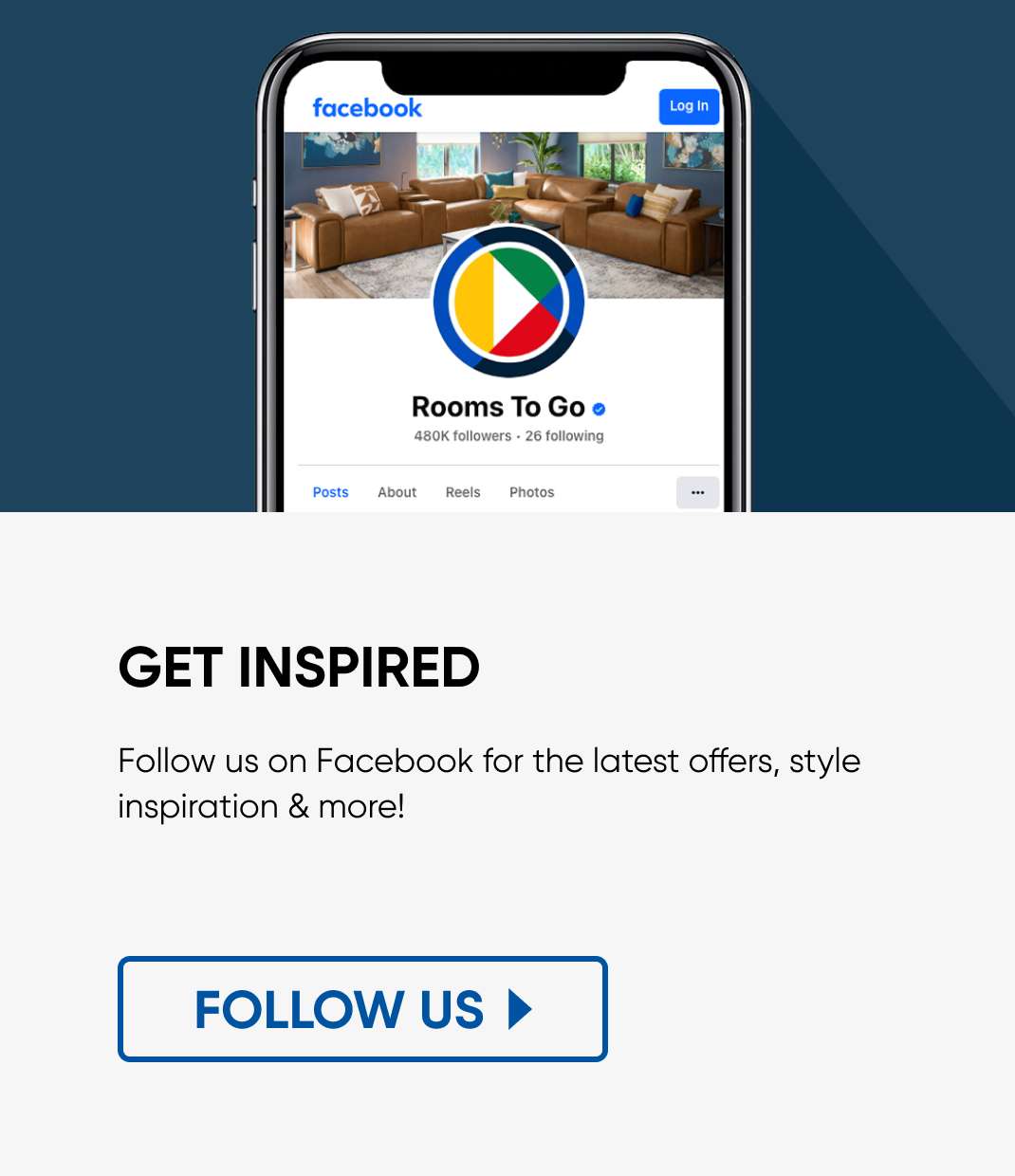 Rooms To Go Facebook page with "Follow Us" button.
