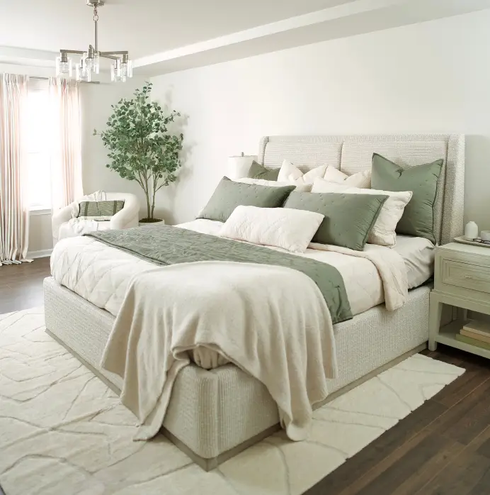 A modern bedroom featuring a beige upholstered bed with sage green pillows and a throw blanket on a textured area rug.