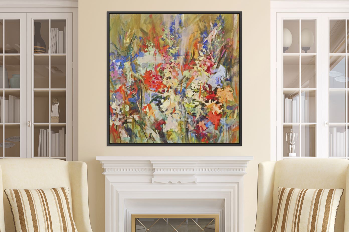An abstract floral painting in a black frame above a white fireplace.
