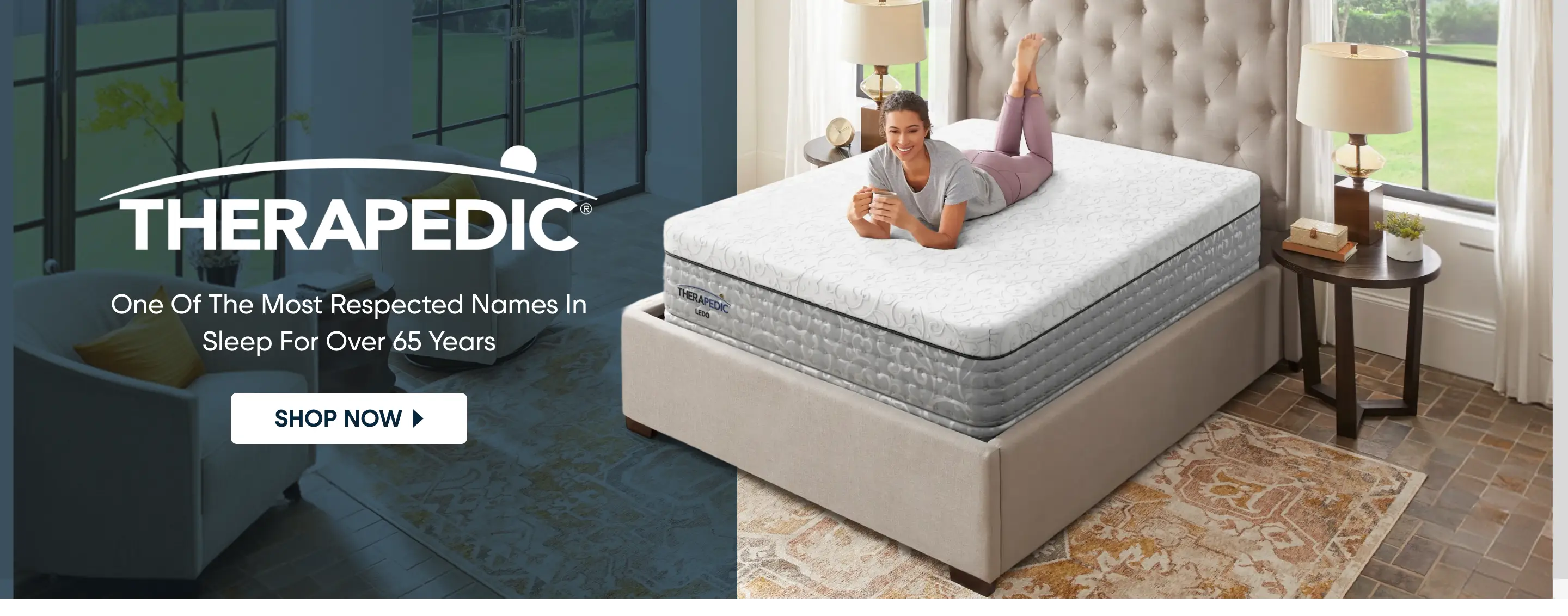 Therapedic: One Of The Most Respected Names In Sleep For Over 65 Years. A woman relaxes on a Therapedic mattress.
