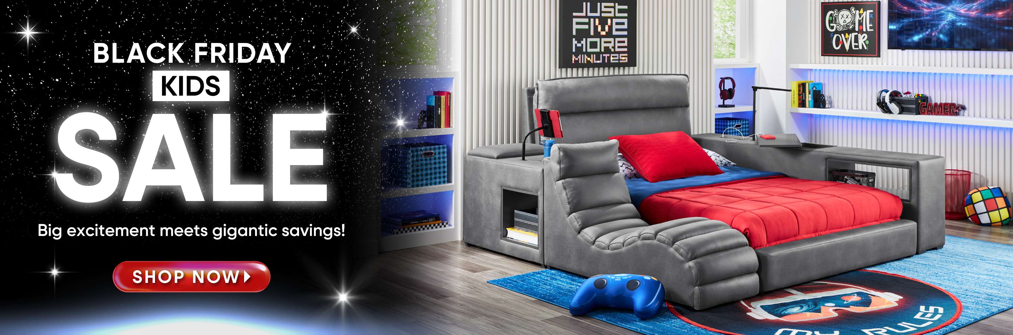 BLACK FRIDAY KIDS SALE. Shop Now. A gray gaming bed with red bedding and a blue rug.