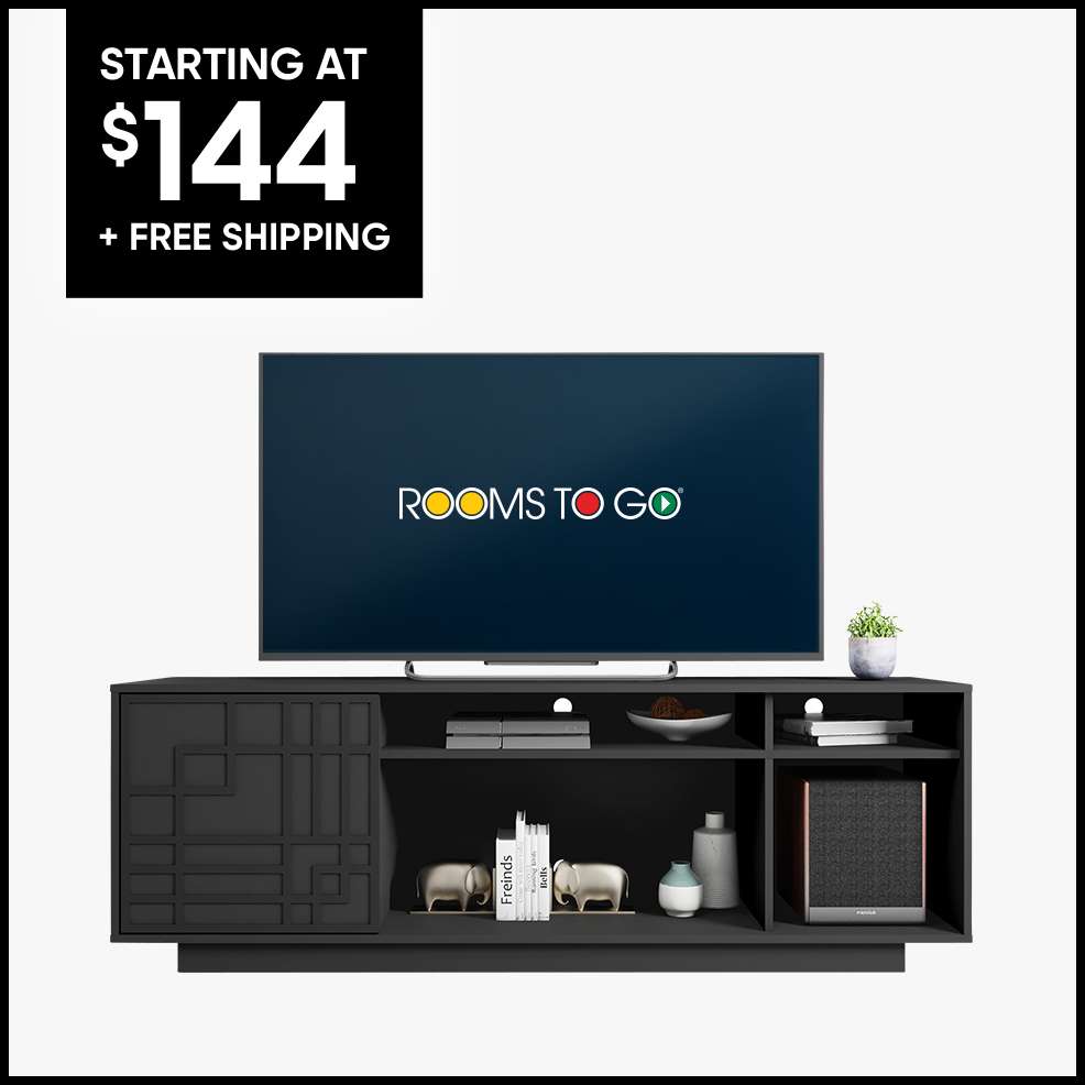 STARTING AT $144 + FREE SHIPPING. A black TV stand with a TV on top.

