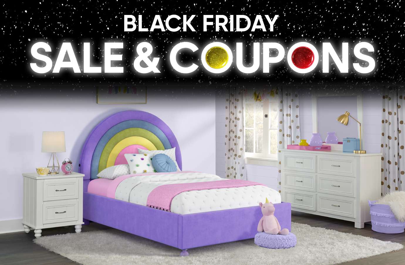 BLACK FRIDAY SALE & COUPONS. A bedroom with a rainbow bed.

