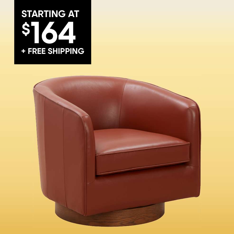 STARTING AT $164 + FREE SHIPPING. A red leather swivel chair.
