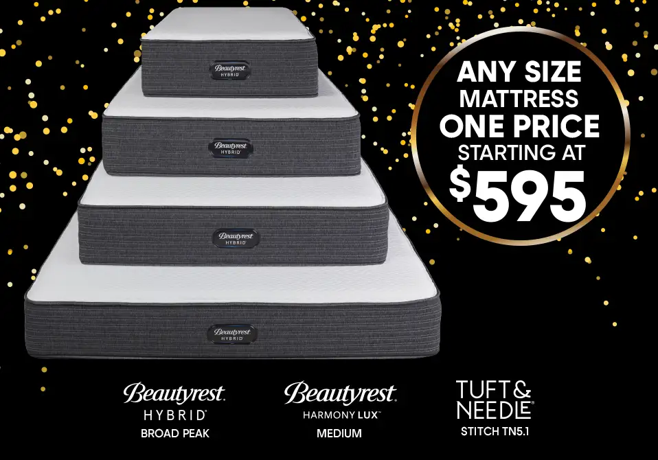 An advertisement for mattresses. Any size mattress, one price starting at $595.

