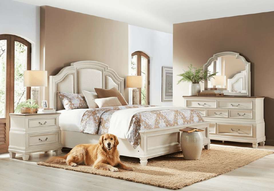 A bedroom with a bed, dresser, and a golden retriever lying on a rug.