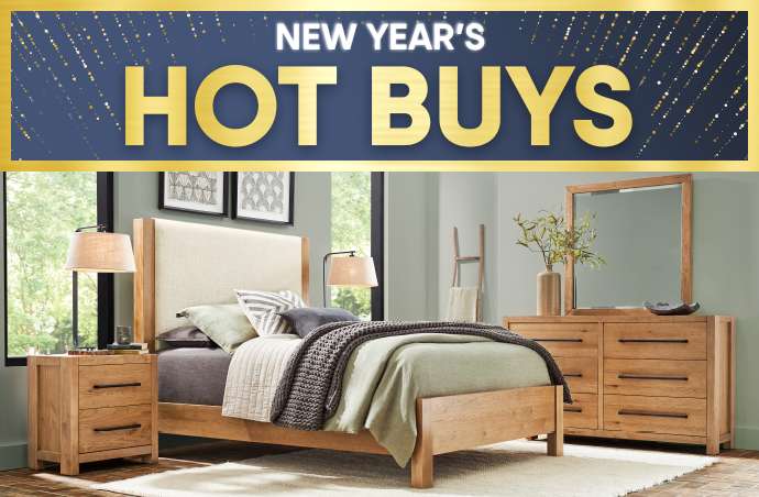 NEW YEAR'S HOT BUYS. Bedroom furniture set with a bed, nightstand, and dresser.
