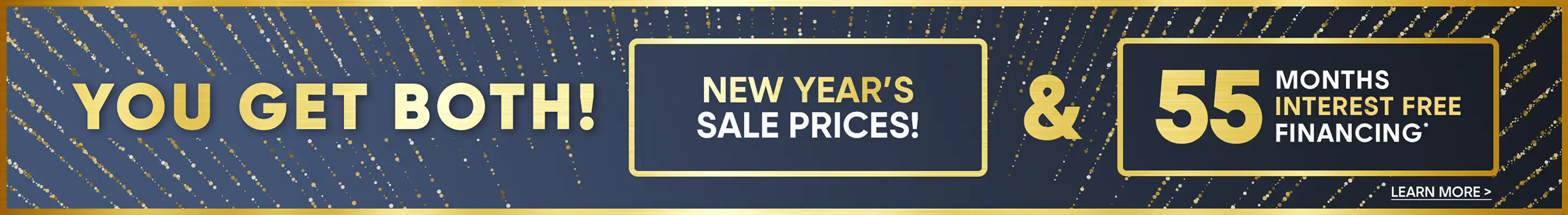 YOU GET BOTH! NEW YEAR'S SALE PRICES! & 55 MONTHS INTEREST FREE FINANCING* LEARN MORE >
