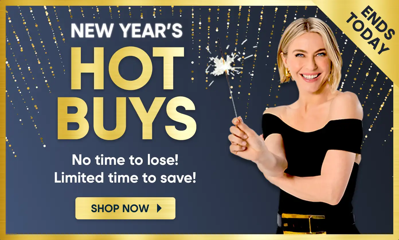 NEW YEAR'S HOT BUYS. Shop now. Ends today. Woman holding a sparkler.
