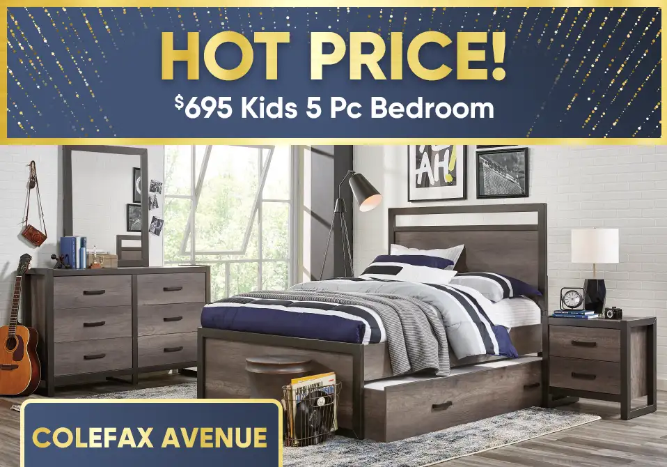 HOT PRICE! $695 Kids 5 Pc Bedroom. Bedroom set with a bed, dresser, mirror, and nightstand.
